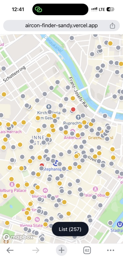 AC Finder map view on mobile, showing 257 venues across central Vienna