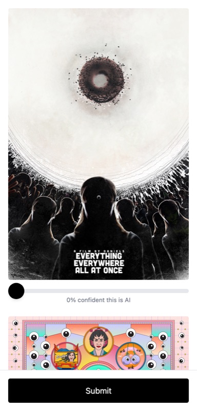 The AI-confidence screen: posters in a grid, each with a 0 to 100 percent slider