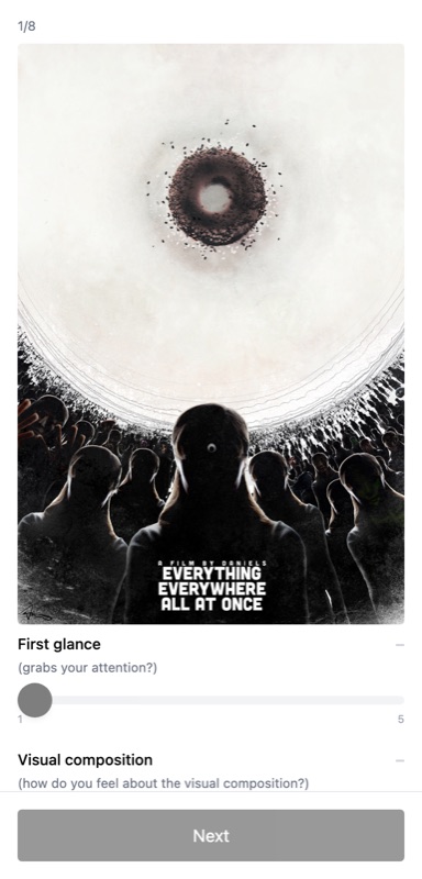 The rating screen: a fan poster above four labelled sliders